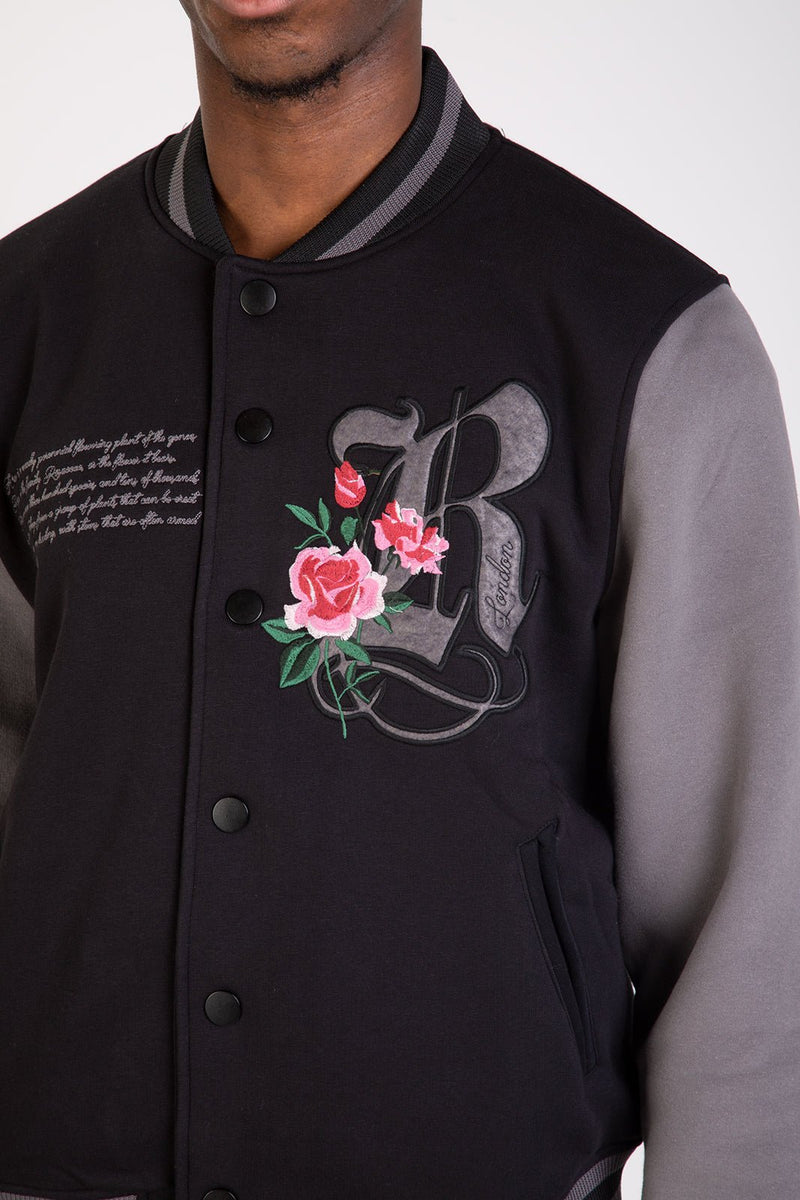FLOURISH VARSITY JACKET - BLACK - Rose London