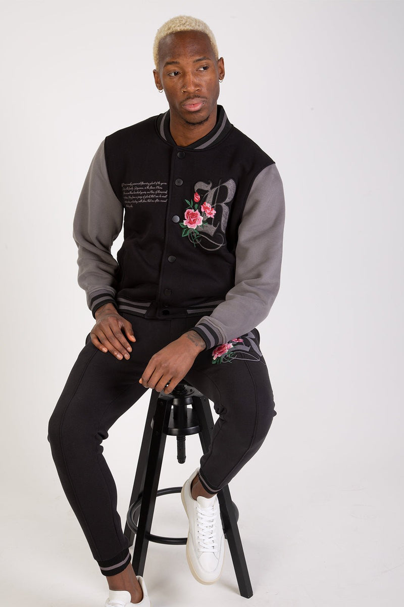FLOURISH VARSITY JACKET - BLACK - Rose London