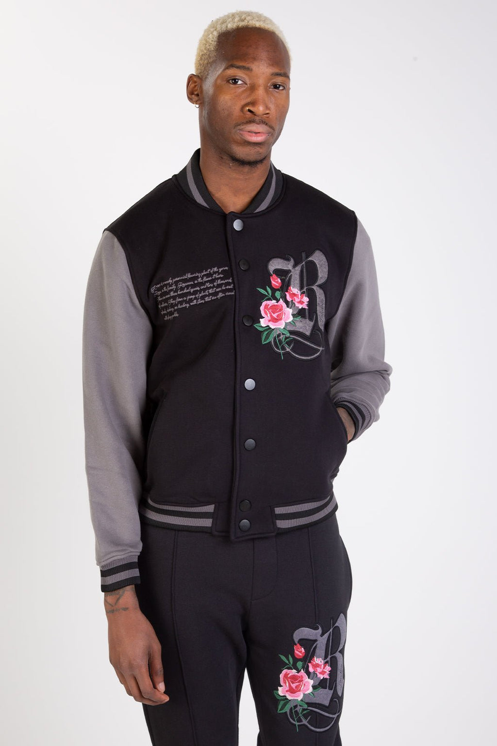 FLOURISH VARSITY JACKET - BLACK - Rose London