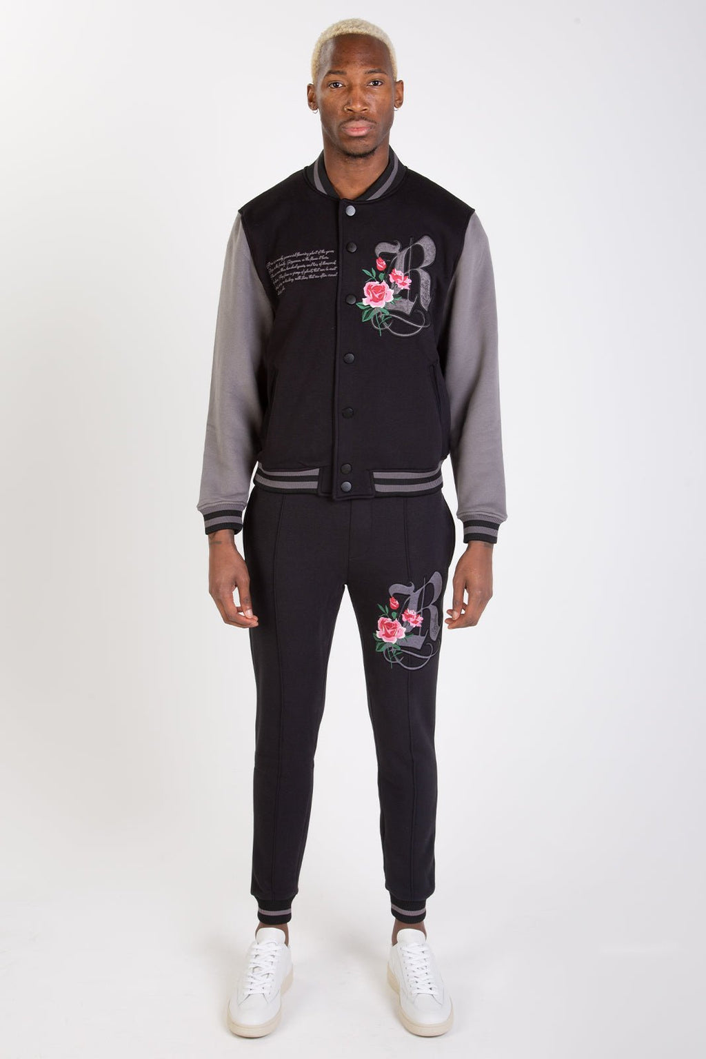 FLOURISH VARSITY JACKET - BLACK - Rose London
